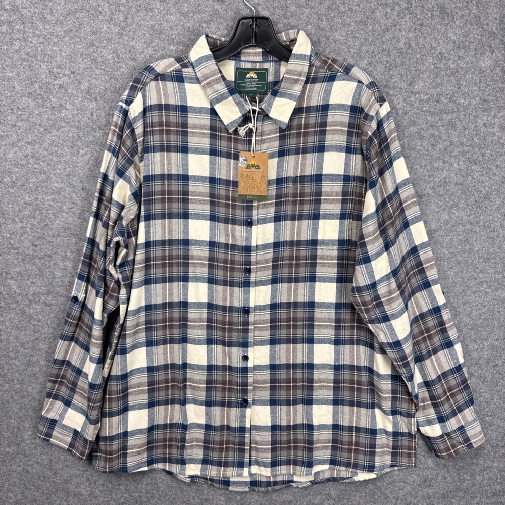 EMS Balsam Brushed Flannel Shirt Womens 16 Blue Plaid Cotton Button Down NWT